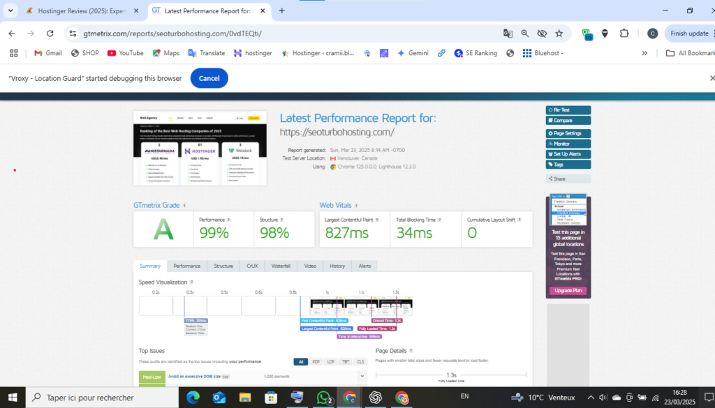 Screenshot of a GTmetrix performance report for seoturbohosting.com showing an 'A' grade with high performance and structure scores, and Web Vitals metrics. The report is branded with the Hostinger logo.