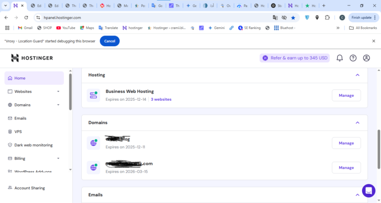 Screenshot of the Hostinger control panel dashboard, showing an overview of hosting and domains.