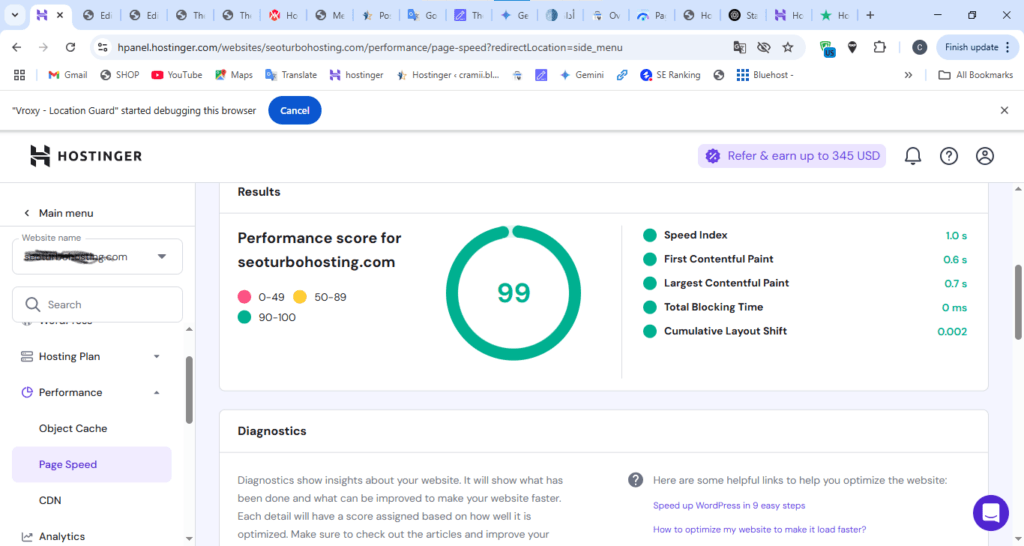 Screenshot of the Hostinger page speed performance report for seoturbohosting.com, showing a performance score of 99 and various speed metrics.