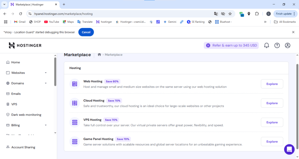 Screenshot of the Hostinger Marketplace "Hosting" section, listing Web Hosting, Cloud Hosting, VPS Hosting, and Game Panel Hosting options with discounts.