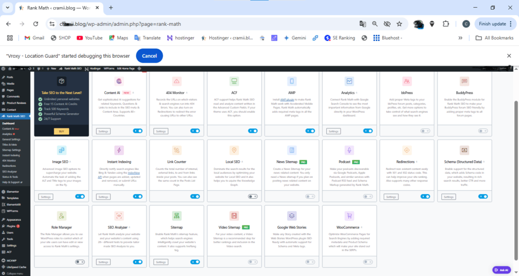 : Rank Math WordPress SEO plugin dashboard showcasing modular features for on-page optimization, technical SEO, and analytics.