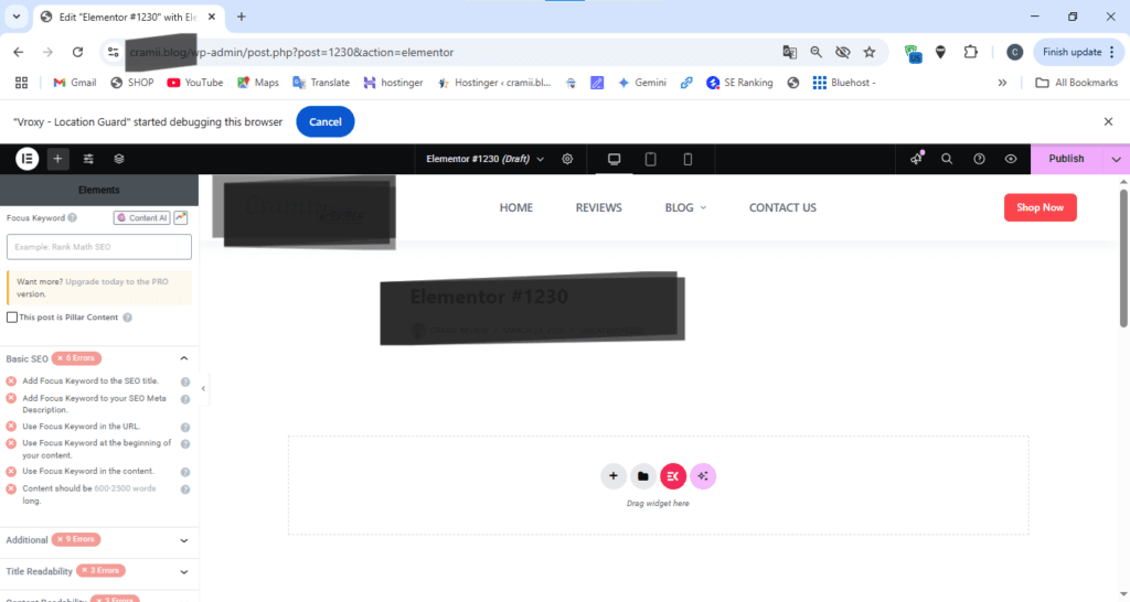 Screenshot of the Elementor page builder interface within WordPress, showing a blank editing canvas